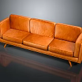 Stylish Orange Leather Three Seater Sofa With Wooden Legs Modern Design