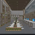 Modern Reading Space With Wooden Bookshelves Long Tables Green Plants And Computers