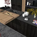 Modern Kitchen Interior With Black Cabinets Wooden Island And Open Shelves