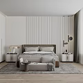 Modern Minimalist Bedroom Interior With Vertical Striped Walls Bedside Tables Table Lamps Bench And Rug