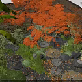Tranquil Garden Design With Orange Maple Leaves Lush Green Plants Stone Features And Water Basins