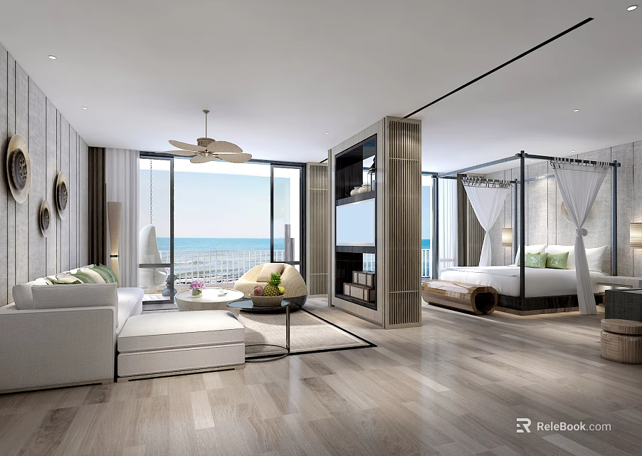 Hotel Guest Room With Sea View Modern Interior Floor to Ceiling Windows Sofa And Bed 3d model 