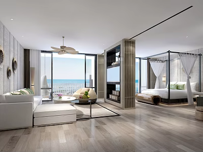 Hotel Guest Room With Sea View Modern Interior Floor to Ceiling Windows Sofa And Bed 3d model