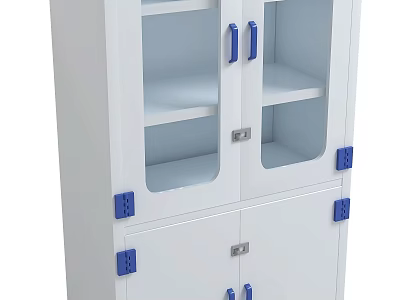 Laboratory Cabinet With White Finish Glass Doors Blue Handles And Multiple Shelves 3d model
