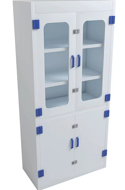 Laboratory Cabinet With White Finish Glass Doors Blue Handles And Multiple Shelves 3d model