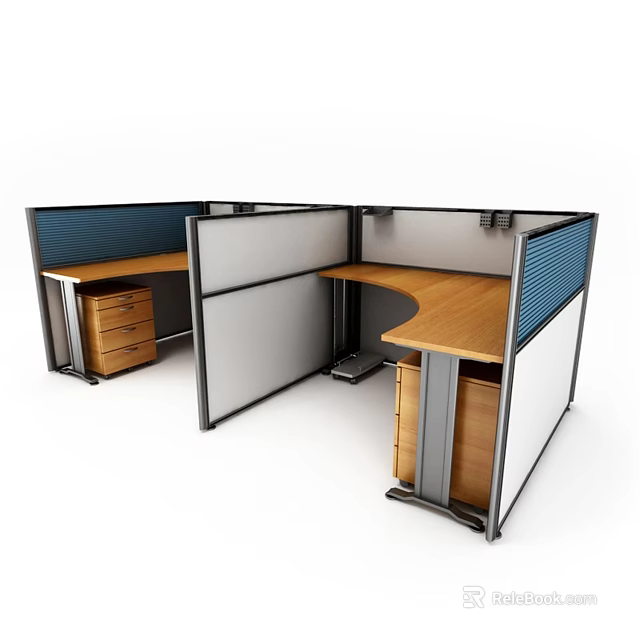 Modern Partitioned Office Desk With Wooden Desktop Drawer Cabinets And Blue White Partitions 3d model 