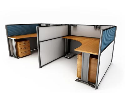 Modern Partitioned Office Desk With Wooden Desktop Drawer Cabinets And Blue White Partitions 3d model