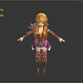 3D Rendered Woman with Orange Long Hair Purple Red Outfit Armor Details Arms Outstretched
