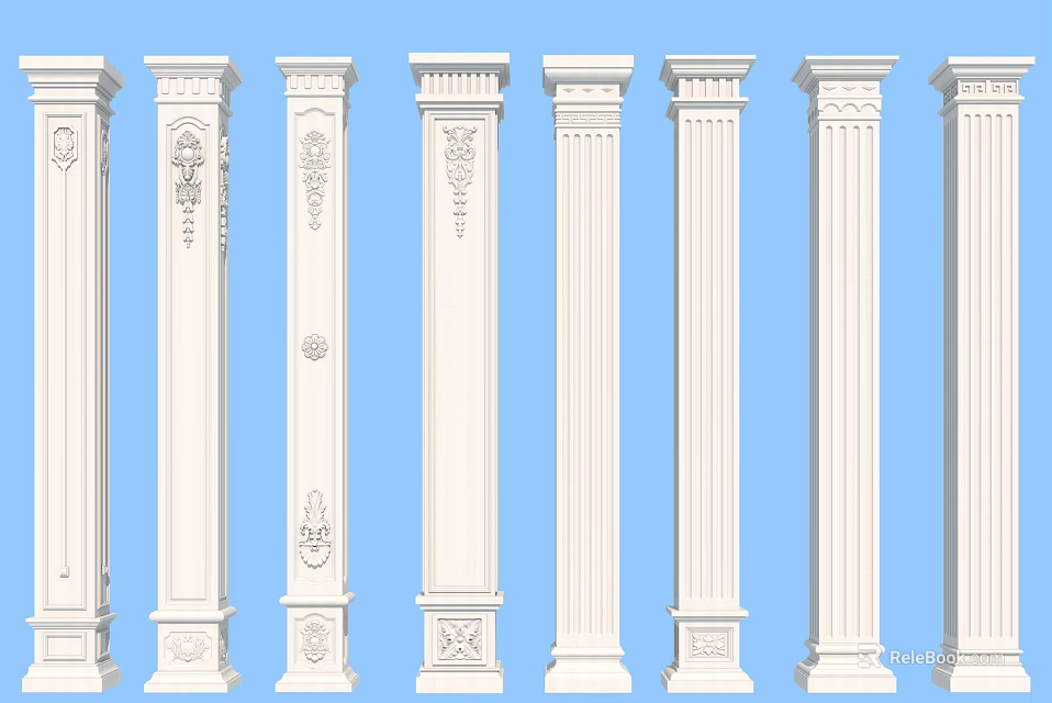 White Decorative Columns with Various Classic Designs and Ornamental Details 3d model 