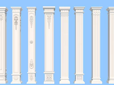 White Decorative Columns with Various Classic Designs and Ornamental Details 3d model