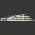 Modern Architectural Model With Curved Structure Yellow White Design Green Lawns Water Pools