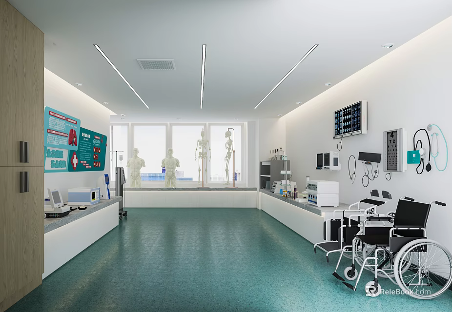 Modern Hospital Outpatient Clinic Interior Design With Wheelchairs Medical Equipment And Wall Charts 3d model 