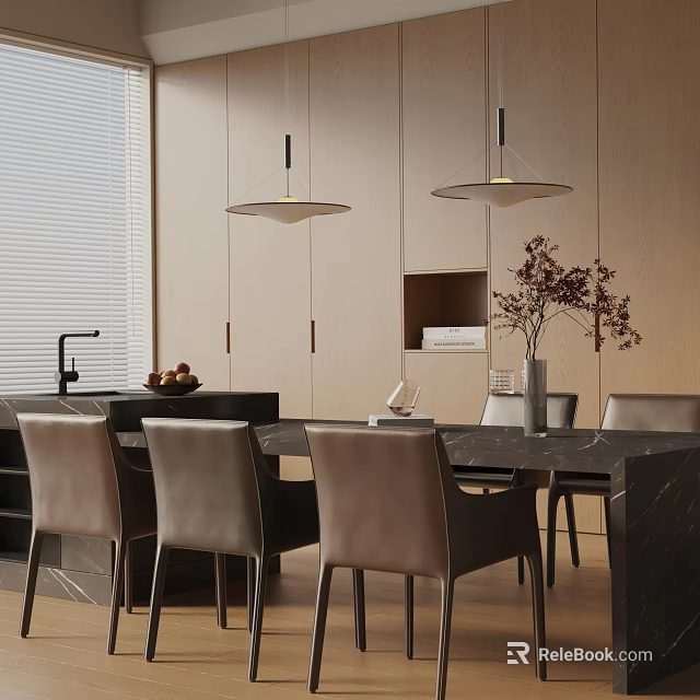Modern Dining Table Set With Light Brown Chairs Hanging Lights Wooden Cabinets And Flower Vase 3d model 