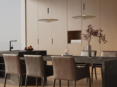 Modern Dining Table Set With Light Brown Chairs Hanging Lights Wooden Cabinets And Flower Vase 3d model