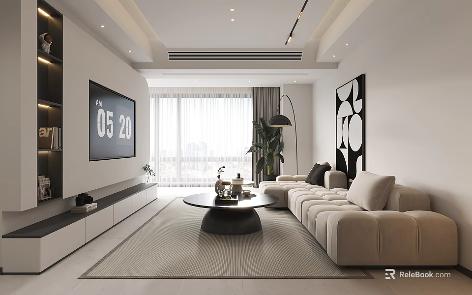 Modern Living Dining Room Interior With Beige Sofa Coffee Table And Floor To Ceiling Windows 3d model