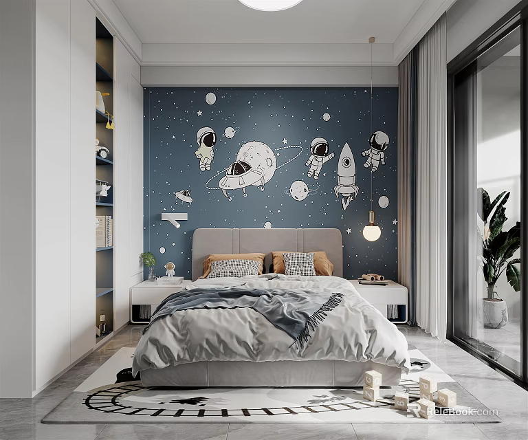 Space Themed Kids Room Interior With Astronaut Rocket Planet Wall Decor And Bed 3d model 