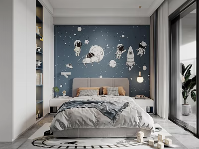 Space Themed Kids Room Interior With Astronaut Rocket Planet Wall Decor And Bed 3d model