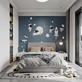 Space Themed Kids Room Interior With Astronaut Rocket Planet Wall Decor And Bed