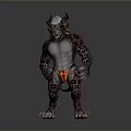 3D Fantasy Creature With Horns White Hair Spotted Skin Muscular Body Red Loincloth And Claws