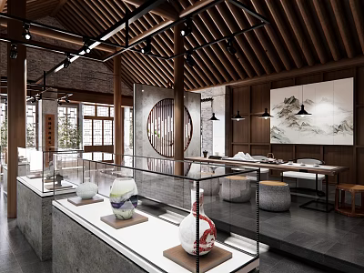 Traditional Chinese Boutique Store Interior With Display Cabinets Ceramic Vases And Ink Paintings 3d model
