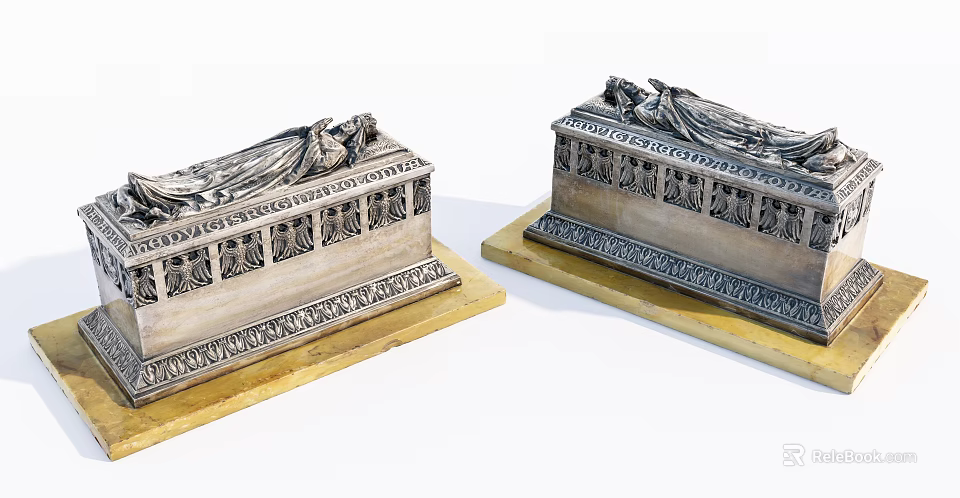 Detailed Antique Stone Sarcophagi With Intricate Carvings On Decorative Yellow Bases 3d model 