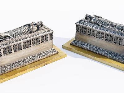 Detailed Antique Stone Sarcophagi With Intricate Carvings On Decorative Yellow Bases 3d model