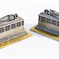 Detailed Antique Stone Sarcophagi With Intricate Carvings On Decorative Yellow Bases