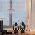 Elegant Curtains in Interior with Window Blinds Dresser Kerosene Lamps and Wooden Floor
