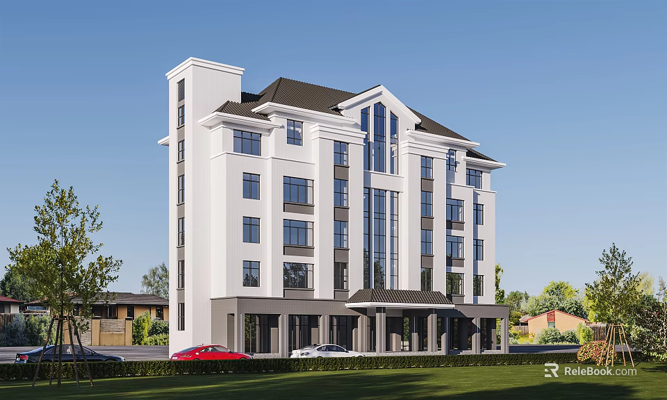 Modern Multi Storey Office Building With White Exterior Large Windows And Green Lawn 3d model 