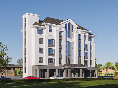 Modern Multi Storey Office Building With White Exterior Large Windows And Green Lawn 3d model