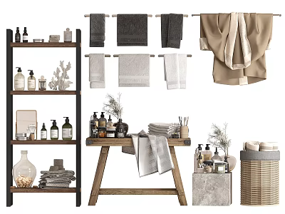 Essential Bathroom Accessories With Towels Towel Racks Bath Products Shelves And Baskets 3d model