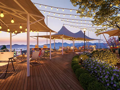Garden Landscape With Wooden Deck White Canopies String Lights Loungers Greenery And Evening Mountain Views 3d model