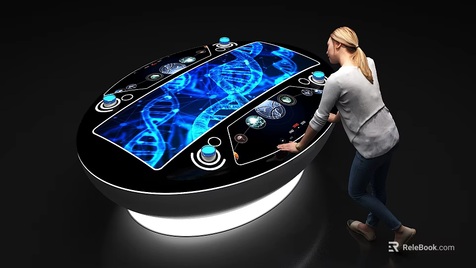 Exhibition Hall Interactive Table With Blue DNA Helix Interface And Woman Interaction 3d model 