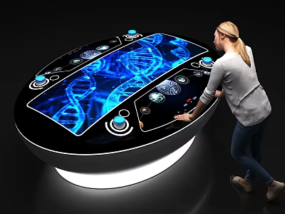 Exhibition Hall Interactive Table With Blue DNA Helix Interface And Woman Interaction 3d model