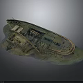 Sunken Ship Model Display With Broken Hull And Surrounding Water Wreckage Scene