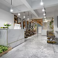 Modern Hair Salon Interior Design With Marble Reception Counter Barber Chairs And Plants