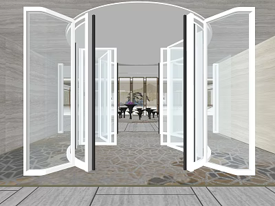 Modern Glass Doors Entrance Interior With Open Space And Dining Tables 3d model