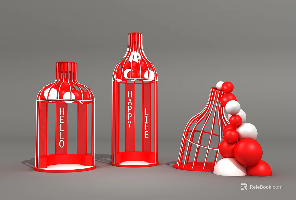 Red Cage Shaped Bottles With Hello Happy Life And Red White Balloons Photo Spot 3d model 