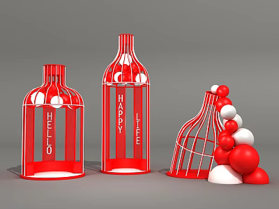 Red Cage Shaped Bottles With Hello Happy Life And Red White Balloons Photo Spot 3d model