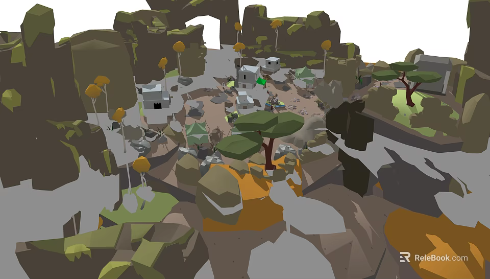 Cartoon Style Scenic Landscape With Rocky Hills Trees And Small Houses 3d model 