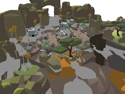 Cartoon Style Scenic Landscape With Rocky Hills Trees And Small Houses 3d model