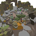 Cartoon Style Scenic Landscape With Rocky Hills Trees And Small Houses