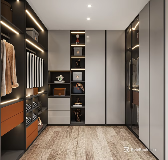 Modern Walk-in Closet Interior With Hanging Rods Drawers Shelves LED Lighting And Mirrors 3d model 