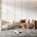 Single Sofa Design With White Fluffy Fabric Brown Upholstered Pillows Gray Carpet And Floor Lamp