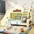 Colorful Children's Bunk Bed With Slide Plush Toys And Hot Air Balloon Wall Decor