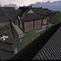 Traditional Chinese Homestay Building with Classic Tiled Roofs Mountain Views Courtyard and Lush Greenery