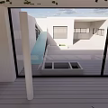 Modern Detached Villa With White Exterior Large Windows And Open Structure Under Blue Sky