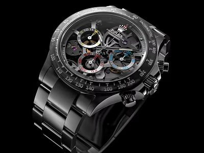 Luxury Rolex Chronograph Watch With Black Stainless Steel Band And Skeleton Dial 3d model