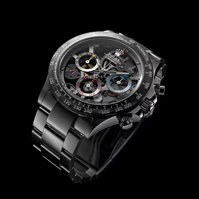 Luxury Rolex Chronograph Watch With Black Stainless Steel Band And Skeleton Dial 3d model