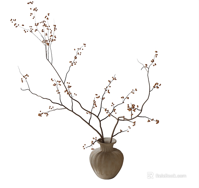 Elegant Floral Display with Light Brown Textured Vase and Slender Branches Bearing Small Red Fruits 3d model 